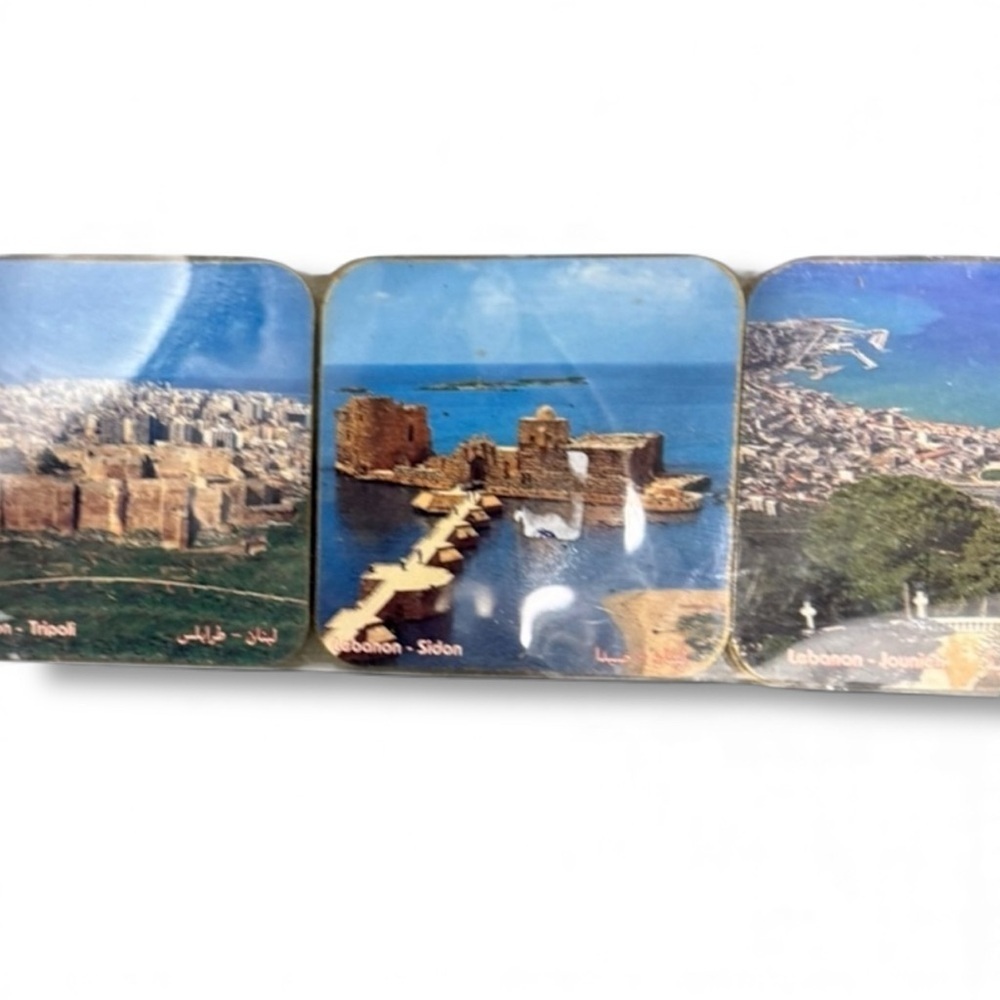 New With Tags Lebanon Tripoli and Sidon Wooden Coasters set of 3